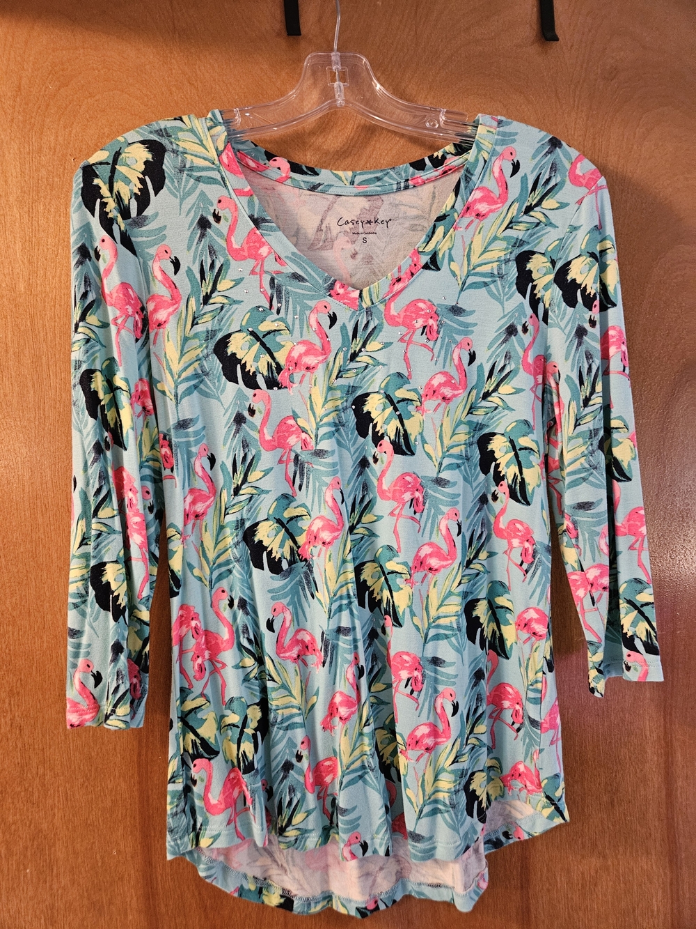 Cozy Knit Mint Green Flamingo V-Neck Long 3/4 Sleeve Tee